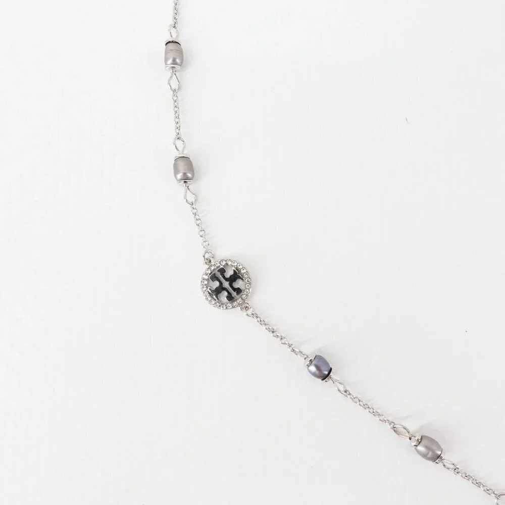 Tory Burch Miller Pave Logo Cultured Pearls Bracelet Silver OS